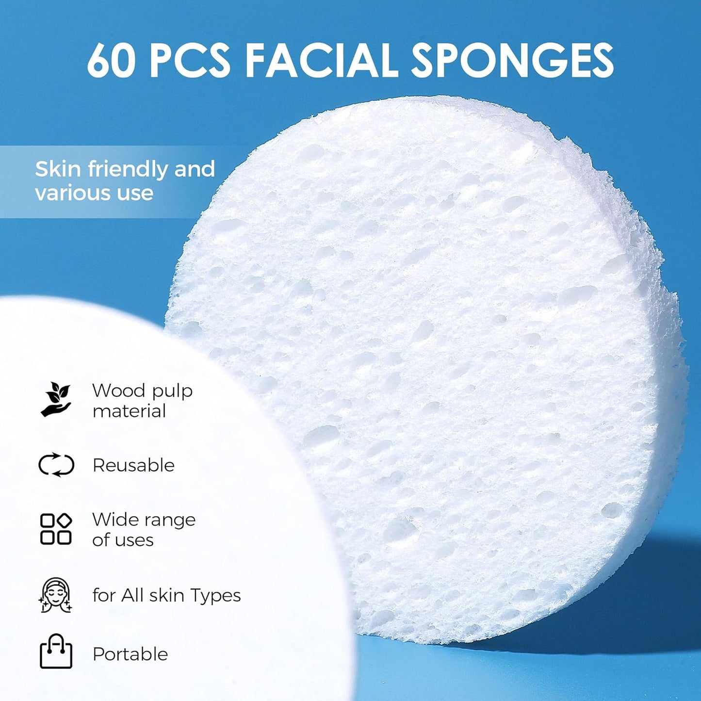 60-Count Compressed Face Sponges for Cleansing, Reusable White Natural Cellulose Travel Essentials Facial Sponge, Women Washing Face Pads for Make Up Remover, Exfoliating, Spa, Skin Care-FemmiqueWomen