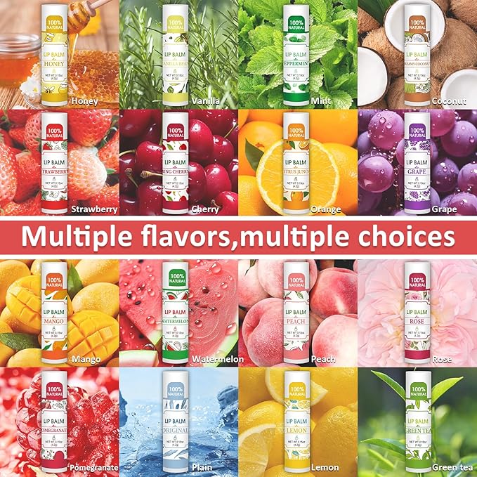32 Pack Lip Balm, Natural Lip Balm Bulk with Vitamin E and Coconut Oil, Hydrating Lip Balm for Dry Lips, Bulk Lip Balm for Stocking Stuffers - 16 Flavors-FemmiqueWomen