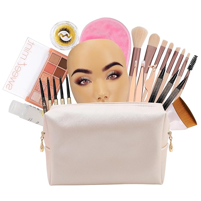 3D Makeup Practice Face Board,Reusable Silicone Makeup Practice Face/Makeup Mannequin Face,with Makeup Brushes Set&Dual head Eyebrow Pencils&a Pair of Eyelashes&a Makeup Bag&makeup remover towel-FemmiqueWomen