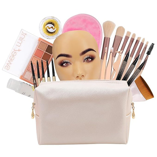 3D Makeup Practice Face Board,Reusable Silicone Makeup Practice Face/Makeup Mannequin Face,with Makeup Brushes Set&Dual head Eyebrow Pencils&a Pair of Eyelashes&a Makeup Bag&makeup remover towel-FemmiqueWomen