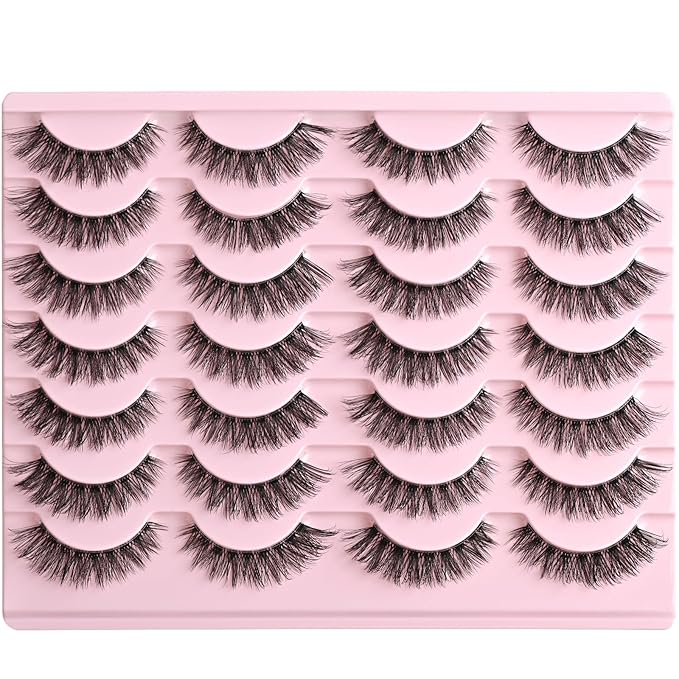 FARRED Cat Eye Lashes False Eyelashes Short Wispy Lash Strips Volume Eyelash 14 Pairs Cateye Medium Length False Clear Band Lashes Natural Looking Hybrid Clusters Full Strip Lashes (F25 | 8-14mm)-FemmiqueWomen