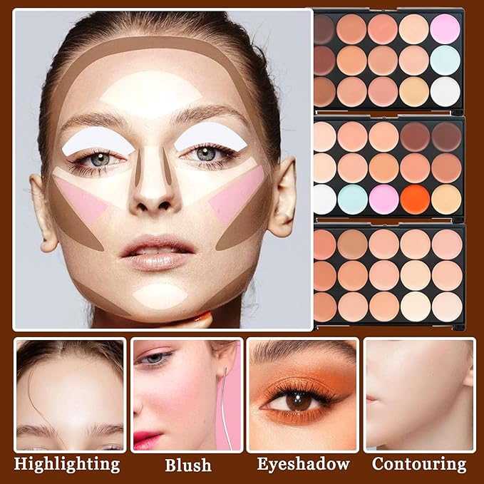 15 Color Contour Palette,Waterproof Long Lasting Facial Correcting Concealer Palettes,Cream Foundation Makeup Palettes with Brushes,Color Correcting Palettes for Women (3 Pack)-FemmiqueWomen
