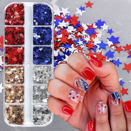 12 Grids Independence Day Nail Sequins，3D Holographic Nails Glitter Laser Star Nail Shining Flakes for Fourth of July Five-Pointed Star Mixed Sequins for America Patriotic Face Makeup Nail Decoration-FemmiqueWomen