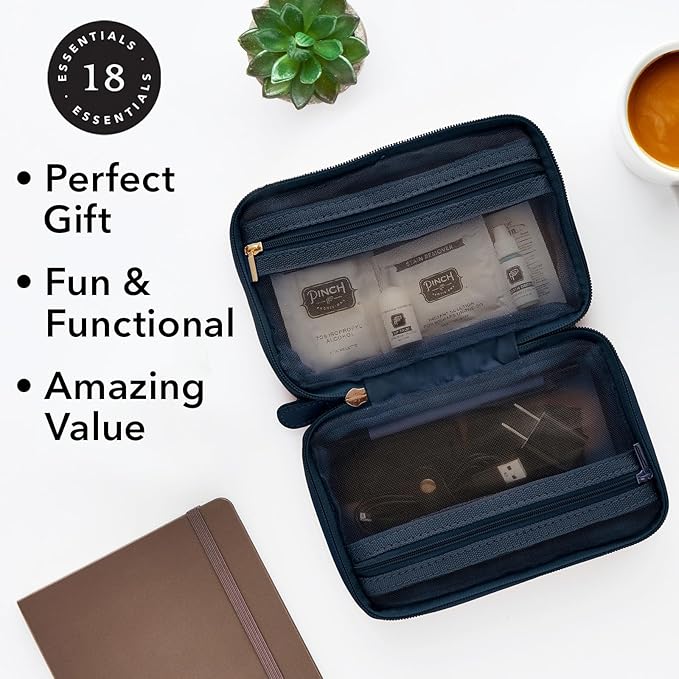 Pinch Provisions Work from Anywhere Kit, Includes 18 Essentials to Help You Stay on Task, Must-Have Essentials, Compact Multi-Functional Vegan Leather Pouch, Navy-FemmiqueWomen
