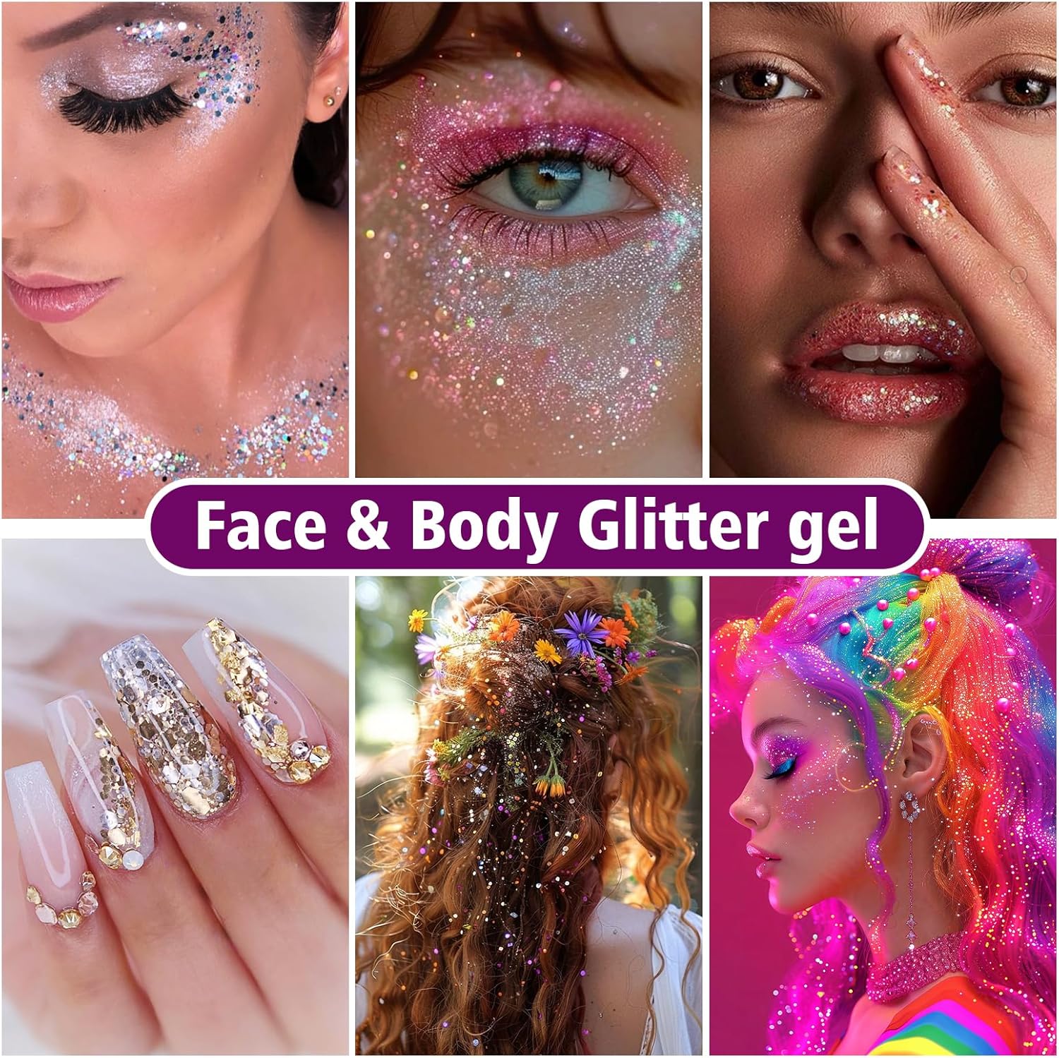 10 Colors Body Glitter,Face Glitter Makeup for Kids Women,Sparkly Chunky Hair Glitter for Eye Lip Hair Nails,Mardi Gras Glitter Makeup Face Paint,Singer Concerts Disco Rave Festival Accessories-FemmiqueWomen
