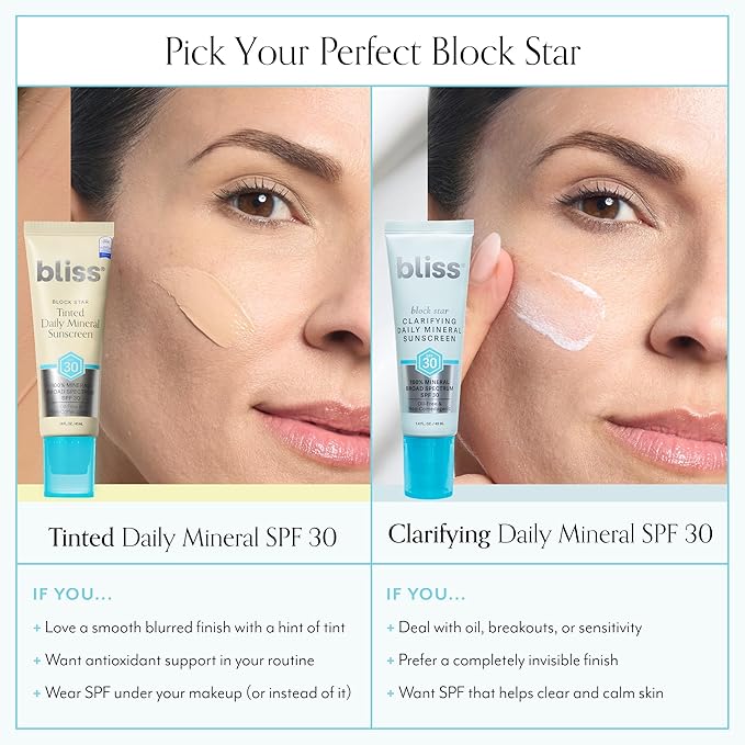 Bliss Block Star SPF 30 Daily Tinted Mineral Sunscreen with Zinc Oxide - All Skin Tones - 100% Mineral Broad Spectrum Sunscreen with Titanium Dioxide & Antioxidant Blend- 1.4 fl oz.-FemmiqueWomen