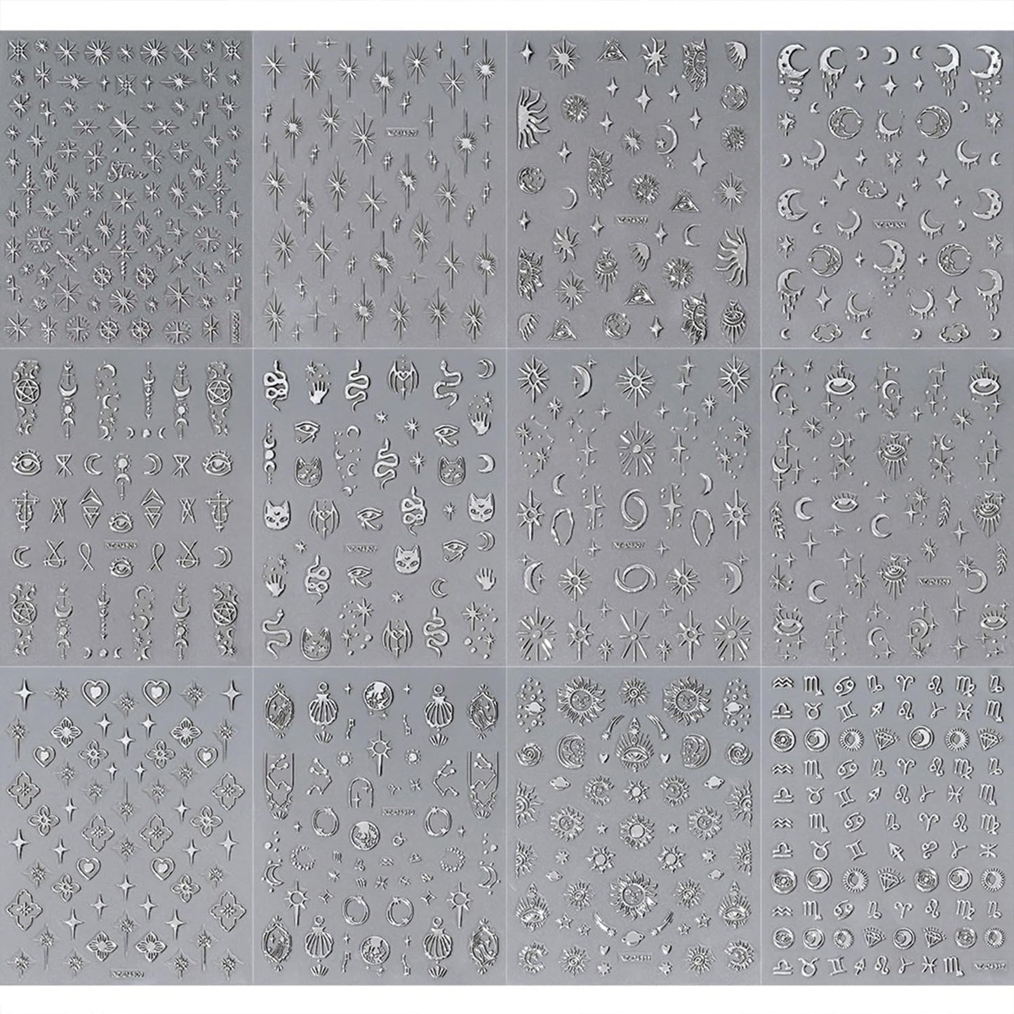 12 Sheets Silver Nail Art Stickers Decals Star Moon Nails Stickers for Nail Art Self-Adhesive Snake Nails Decal-FemmiqueWomen