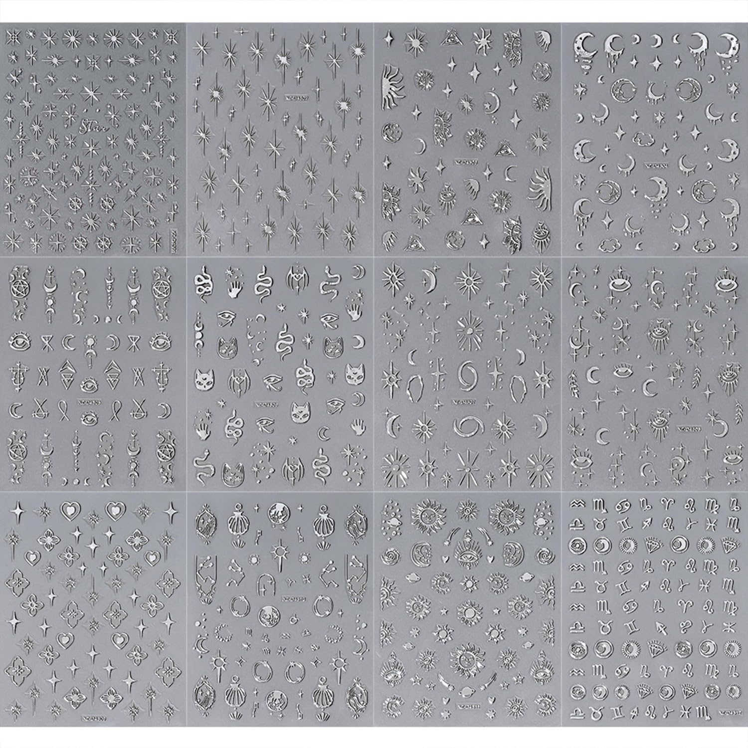 12 Sheets Silver Nail Art Stickers Decals Star Moon Nails Stickers for Nail Art Self-Adhesive Snake Nails Decal-FemmiqueWomen