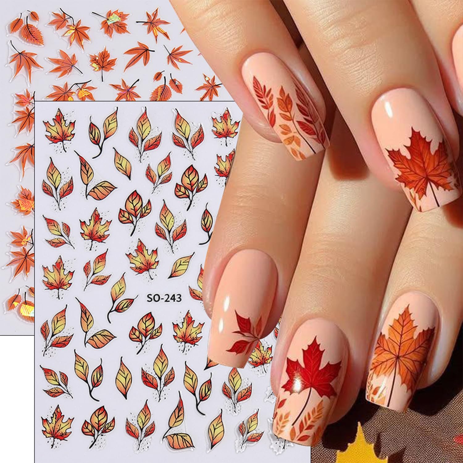 10 Sheets Fall Nail Art Stickers Decals Thanksgiving Nails Decals Autumn Maple Leaf Nails Stickers Self-Adhesive Maple Leaves Nail Art Decals for Women-FemmiqueWomen