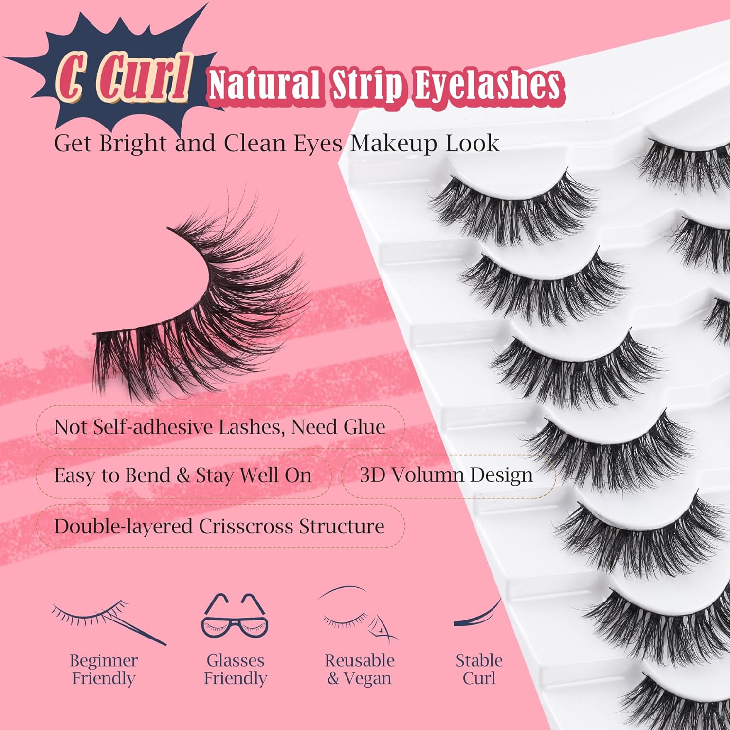 Wispy Lashes False Eyelashes Natural 16mm Fluffy Eyelashes Strip Lashes Pack 3D Volume Lashes 0.1MM Extra Thin Cotton Band Fake Eyelashes Soft Full Lashes C Curl Lashes Pack Siligli 7 Pair-FemmiqueWomen