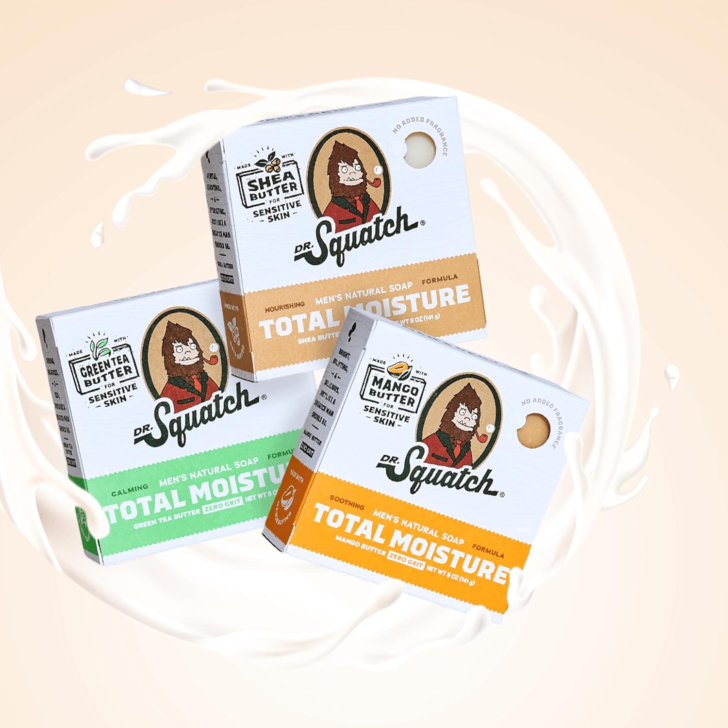 Dr. Squatch NEW Total Moisture Bar Soap for Men - No Added Fragrance Formulated for Sensitive Skin - Shea Butter, Mango Butter & Green Tea Butter (5 oz, 6-pack)-FemmiqueWomen