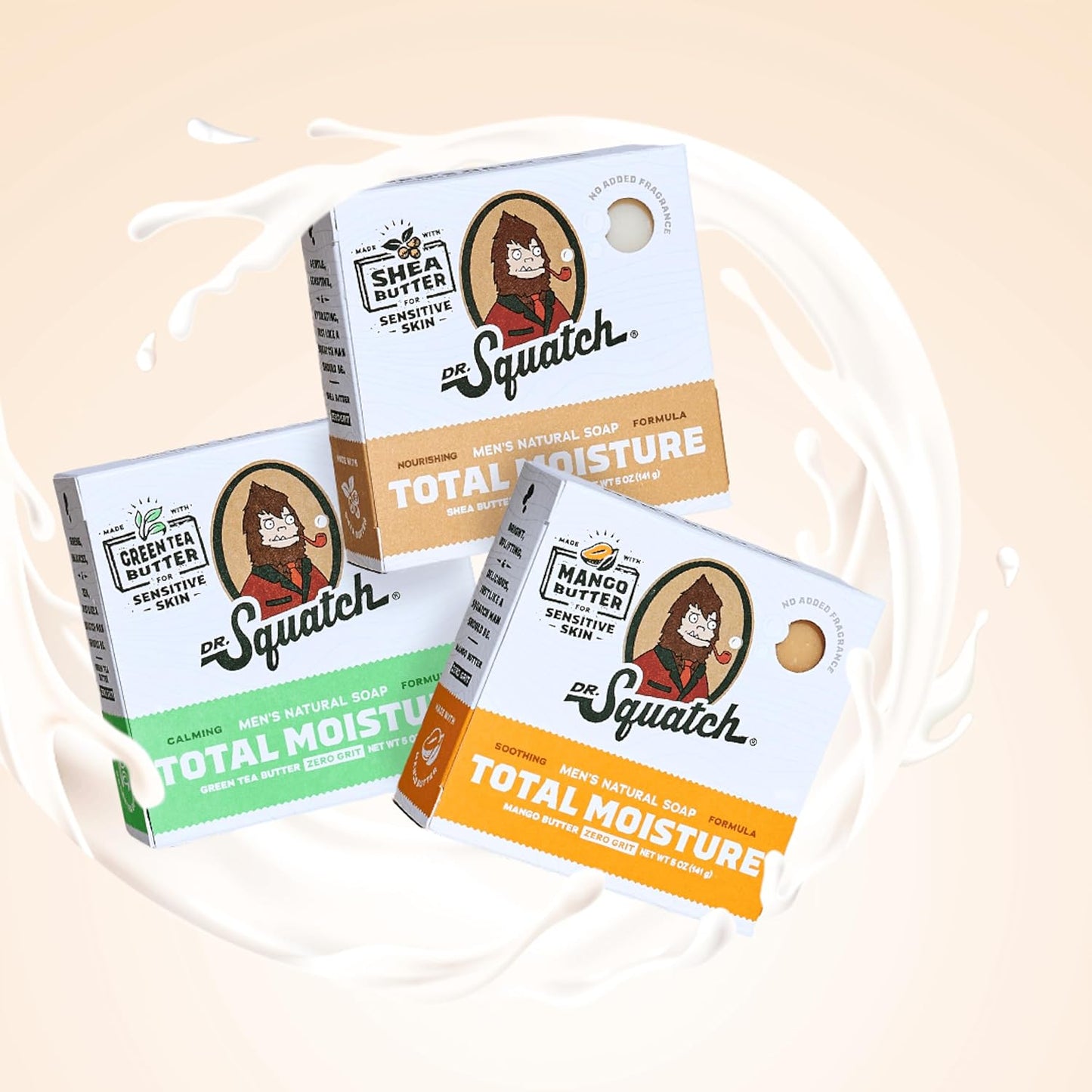 Dr. Squatch NEW Total Moisture Bar Soap for Men - No Added Fragrance Formulated for Sensitive Skin - Shea Butter, Mango Butter & Green Tea Butter (5 oz, 3-pack)-FemmiqueWomen