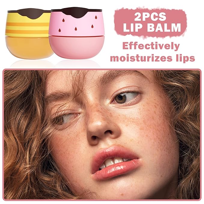 2PCS Bee Lip Balm Honey Pot,Honey Lip Balm With Honey Spoon,Honey Lip Mask Moisturizing Hydrating Prevents Dry and Chapped Lips,Lip Exfoliating Bee Lip Balm（Honey+Strawberry）-FemmiqueWomen