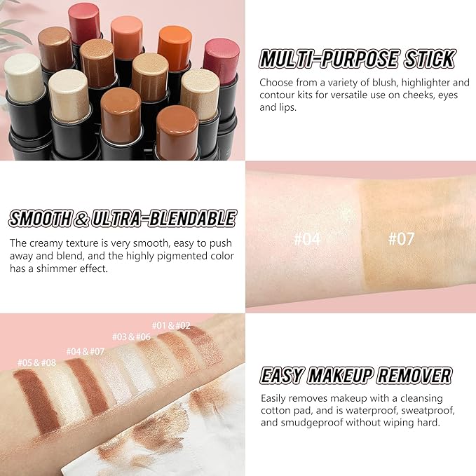 2 Pcs Cream Contour Stick Makeup Kit, Cream Highlighter Stick & Contour Bronzer Stick for Cheeks, Lightweight Blendable Smooth -Highlighter & Bronzer (#04 Light Rose Gold #07 Coffee)-FemmiqueWomen