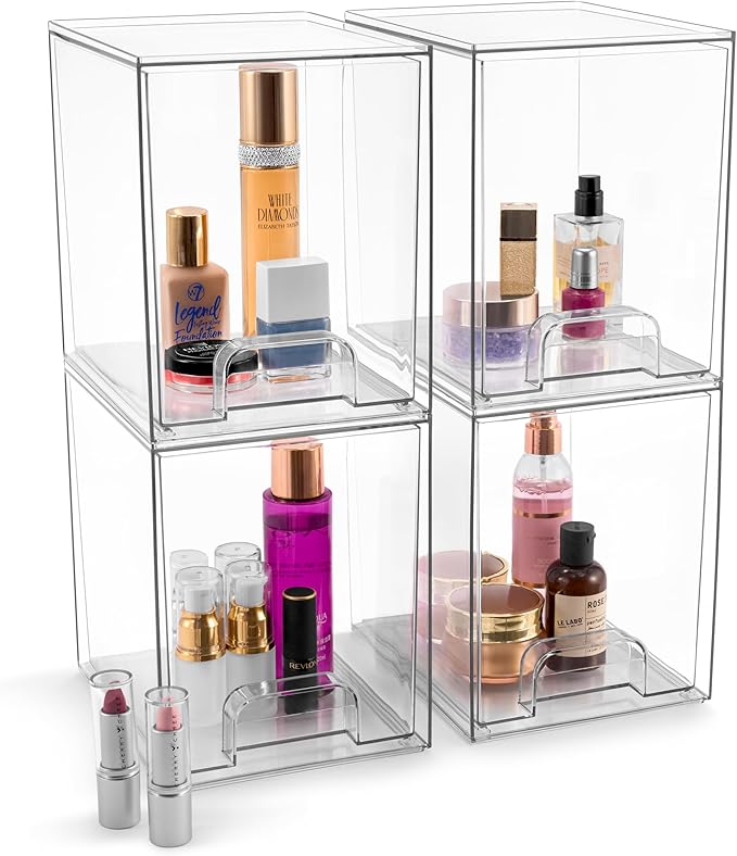 Sorbus Acrylic Storage Containers - 4 Pack, Stackable Storage Bins Set for Bathroom Organization - Clear Acrylic Drawer Organizers - Makeup Case Pull-Out Drawers (7.6’’ Tall)-FemmiqueWomen