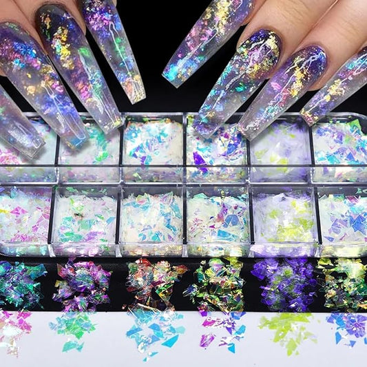 12 Colors Holographic Nail Art Glitter Sequins Aurora Holographic Mermaid Nail Glitter Flash Ice Residue Nail Glitter Sequin Chameleon Flakes Set Fluorescent Glass Paper for Face Body DIY Decoration-FemmiqueWomen
