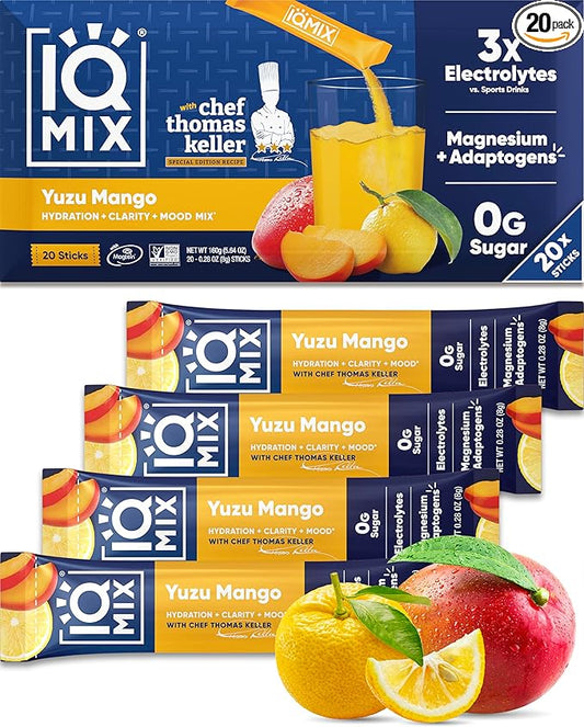 IQMIX x Chef Thomas Keller - Hydration Electrolyte Powder – 4-in-1 Formula for Hydration, Mental Clarity, Mood and Recovery – Sugar-Free, Keto, Magnesium L-Threonate, Lion’s Mane – 20 Count Yuzu Mango-FemmiqueWomen