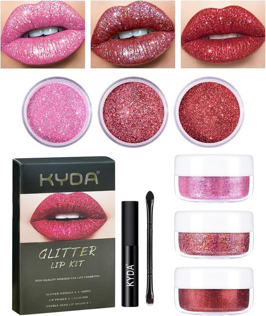 3 Colors Glitter Lip Kit, Diamond and Glitter Metallic Lip Powder with Lip Primer, Waterproof Long Lasting & Smudge Proof, Shimmer Sparkly Glitter Lip Cosmetic without Sticky Flake Off Set A-FemmiqueWomen