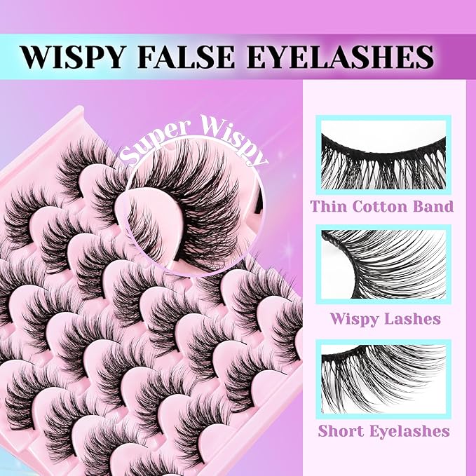 Losha Lashes Wispy False Eyelashes Natural Cat Eye Lashes Kit with Lash Glue and Lash Tweezers 14 Pairs Short Fake Eyelashes Soft Thin Faux Mink Lashes Pack (Lighter)-FemmiqueWomen