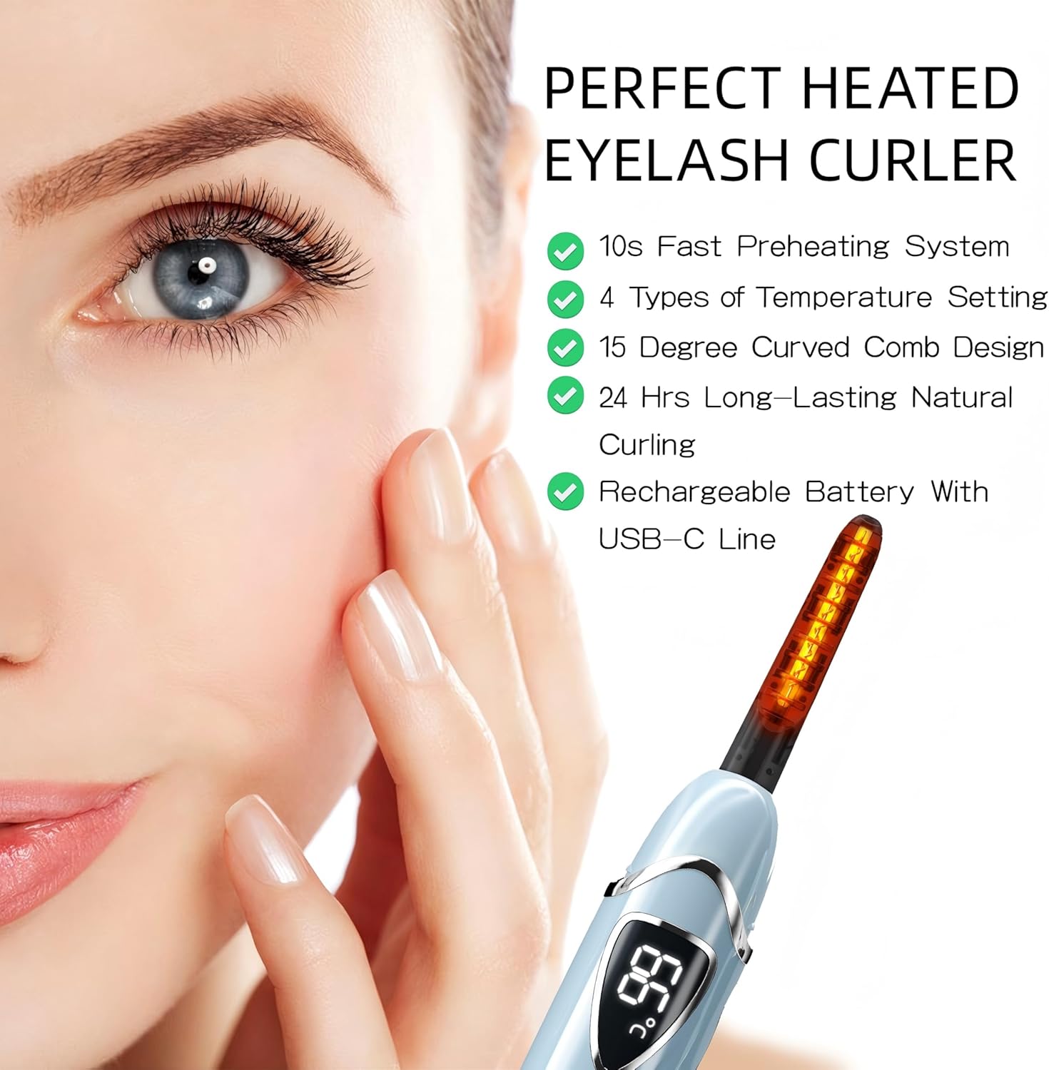 ZAPAL Heated Eyeash Curler, S600 Rechargeable Heated lash Curler, Intelligent Power Off Electric Eyelash Curler Heated Quickly 24 Hs Lasting Natural Makeup for Woman (Angel Blue/Silver, S600-148MM)-FemmiqueWomen