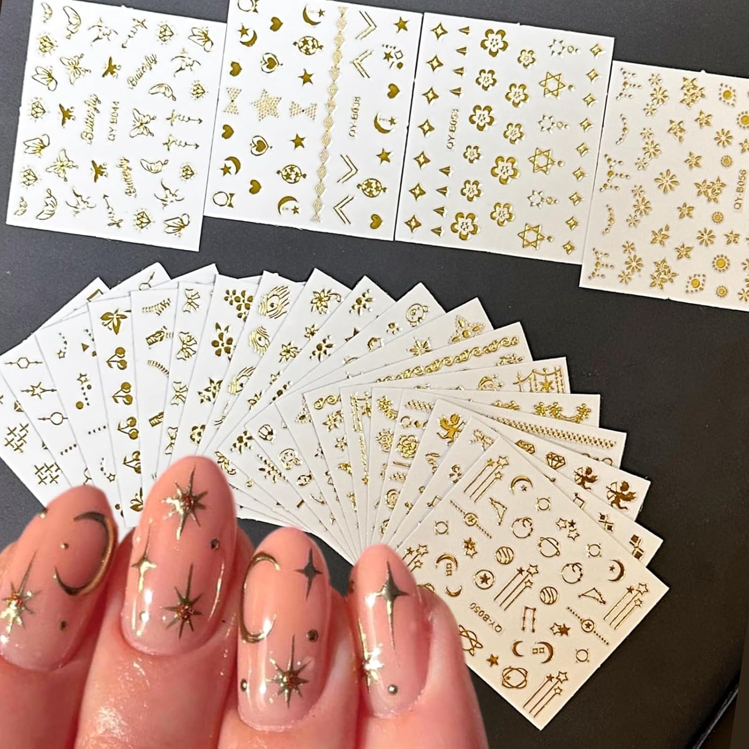 30 Sheets Gold Nail Art Stickers Gold Flower Butterfly Nail Stickers Star Line Self-Adhesive Nail Decals Acrylic Nails DIY Design Nail Supplies for Women and Girls-FemmiqueWomen