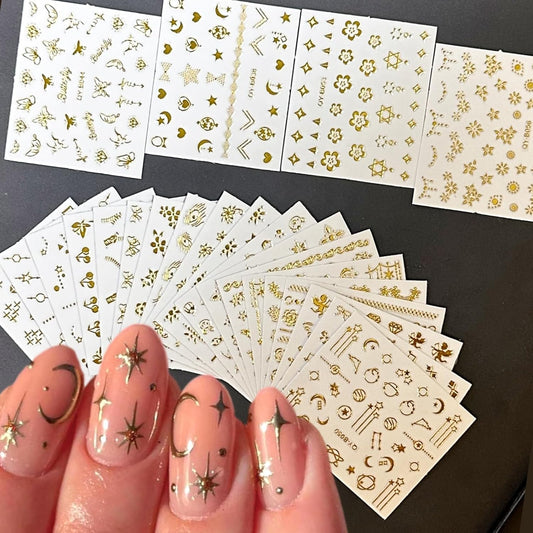 30 Sheets Gold Nail Art Stickers Gold Flower Butterfly Nail Stickers Star Line Self-Adhesive Nail Decals Acrylic Nails DIY Design Nail Supplies for Women and Girls-FemmiqueWomen