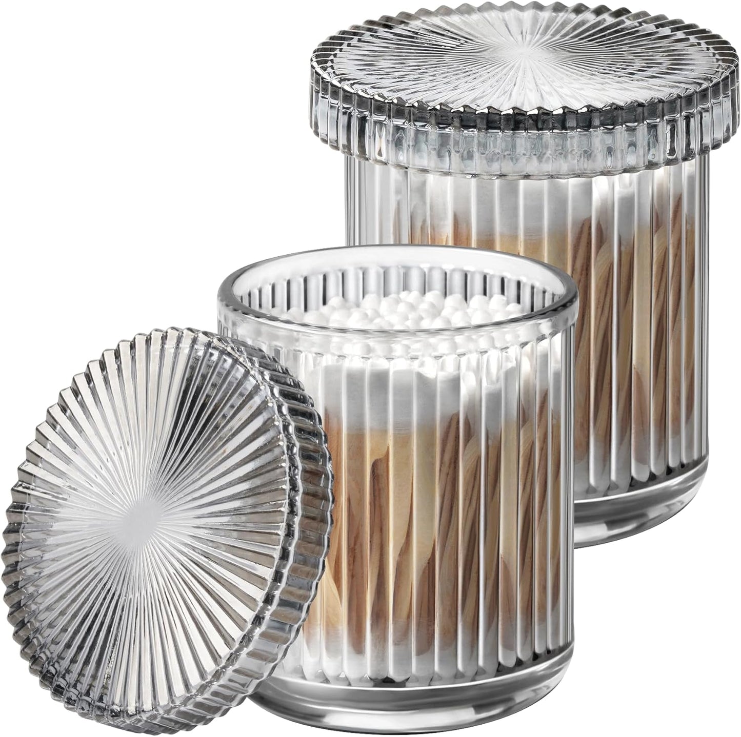 2 Pack Qtip Holder - Apothecary Jars with Lids, Bathroom Organizers and Storage Canister for Cotton Balls,Swabs,Floss Picks,Hair Ties,Clear Glass Vintage Bathroom Decor Jar Set (Gray)-FemmiqueWomen