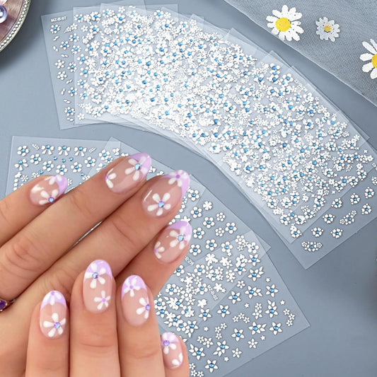30Pcs White Flower Nail Art Stickers Decals- Daisy Floral Cherry Blossoms Nail Stickers Blue Rhinestone Nail Designs Sticker for Gel Nails 3D Self-Adhesive Spring Nail Decals for Nail Art Decoration-FemmiqueWomen