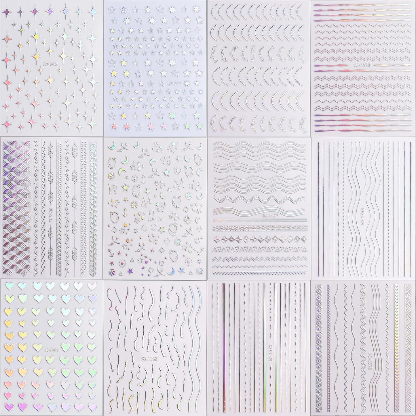 12 Sheets Star Nail Stickers Decals Silver Heart Nail Stickers Geometric Line Nail Decals for Nail Art 3D Self Adhesive Holographic Stripe Nail Designs for Women Nail Art Supplies Decorations-FemmiqueWomen
