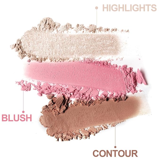 3-in-1 Blendable Trio, Contour and Highlight Blush Makeup Palette, Cream Bronzer, Silky Smooth Powder Blush, Shimmer Highlighter Makeup Powder, Pink Brown Eyeshadow Palette with Mirror(01)-FemmiqueWomen