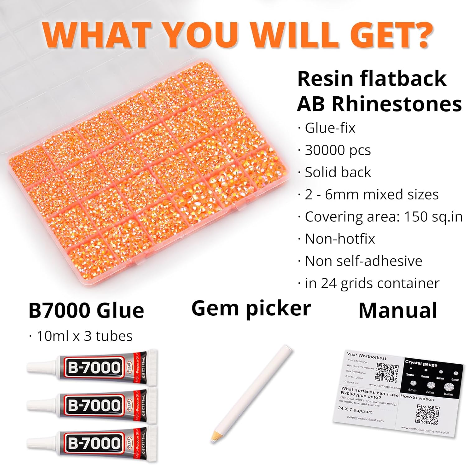 30000Pcs Resin Jelly Rhinestones Set for Crafting Bedazzling, Orange AB Flatback Gems Jewels for Crafts Clothes Shoes Fabric Outfit Nails Makeup, Flat Back Crystal 2-6mm with b 7000 Glue-FemmiqueWomen