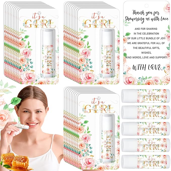 30 Sets Baby Shower Lip Balm Bulk Baby Shower Favors Pink Floral Gender Reveal Small Lip Balm wedding Thank You Gifts Honey Moisturizing Lip Balm Favors for Guest Coworkers Women Men-FemmiqueWomen