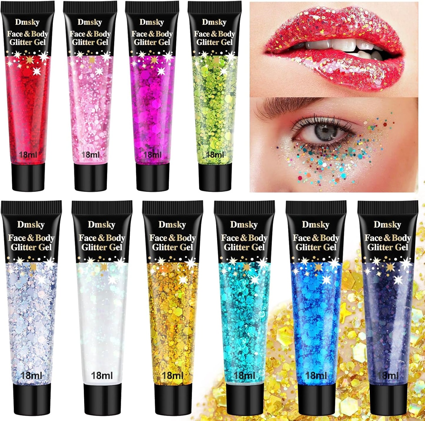 10 Colors Body Glitter,Face Glitter Makeup for Kids Women,Sparkly Chunky Hair Glitter for Eye Lip Hair Nails,Mardi Gras Glitter Makeup Face Paint,Singer Concerts Disco Rave Festival Accessories-FemmiqueWomen