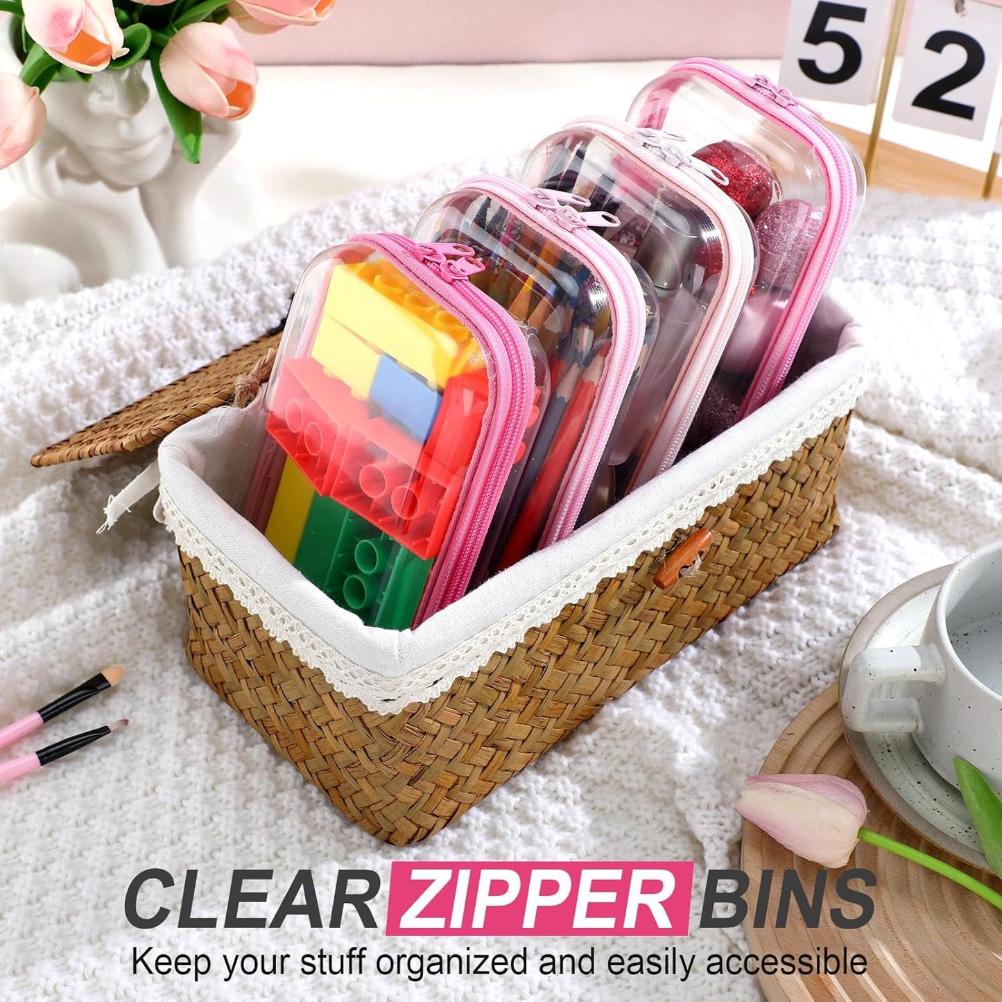 Hoolerry 4 Pcs Hard Clear Zipper Case Makeup Bags Plastic Pencil Pouch Transparent Storage Box Containers for Cosmetics, Snacks, Building Blocks, Puzzles(Pink,7.5 x 3.9 x 2 in)-FemmiqueWomen