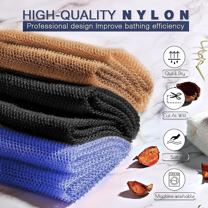 3 Pieces African Bath Sponge African Net Long Net Bath Sponge Exfoliating Shower Body Scrubber Back Scrubber Skin Smoother,Great for Daily Use (Black、Blue、Brown)-FemmiqueWomen
