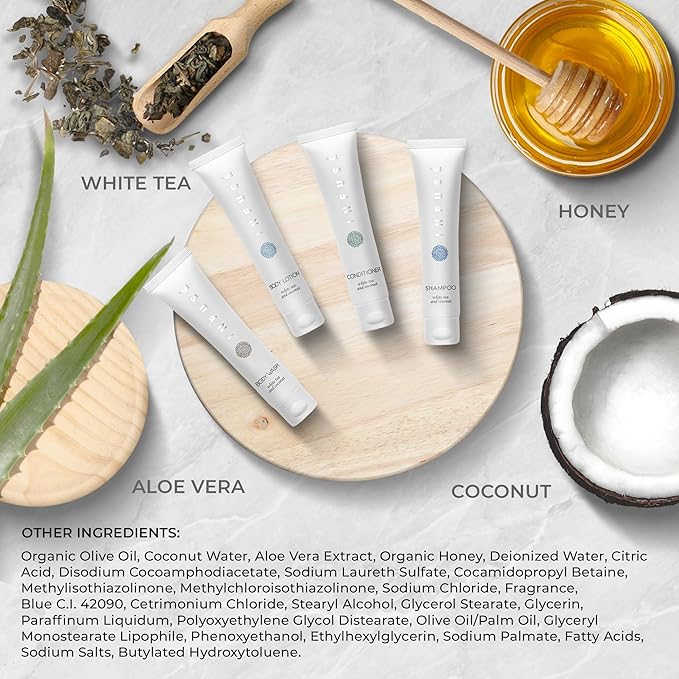 Infuse White Tea & Coconut Hotel Toiletries Bulk Set | 1-Shoppe Amenities Kit | 1oz Shampoo & Conditioner, Body Wash, Lotion | Travel Size | 80 Pieces-FemmiqueWomen