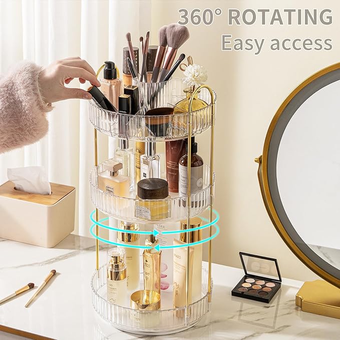 360° Rotating Makeup Organizer, Large-Capacity Skincare Make Up Storage 3 Tier Perfume Organizers Cosmetic Dresser Organizer with Makeup Brush Holder, Fits Bedroom, Bathroom, Vanity Shelf Countertop-FemmiqueWomen