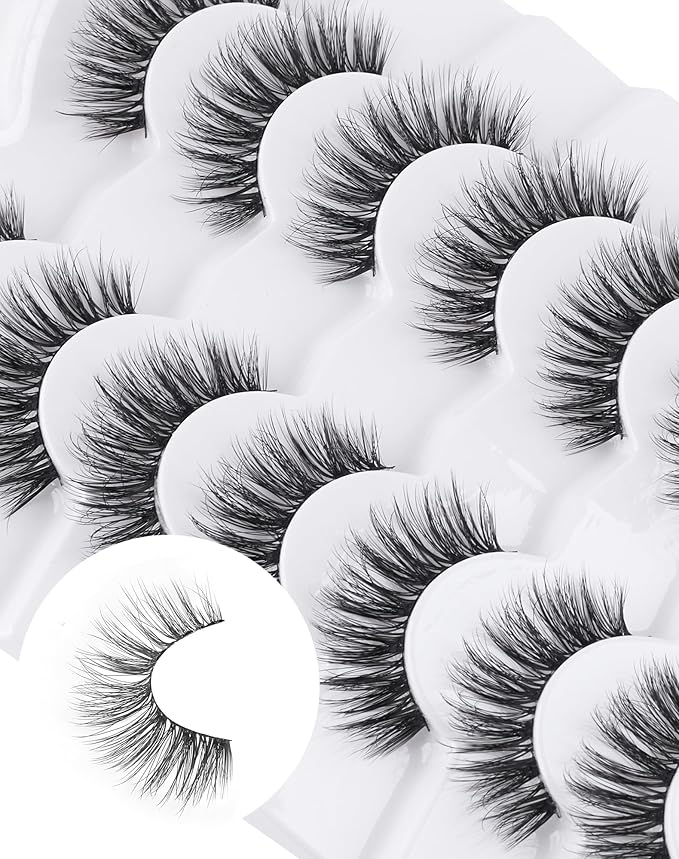 Lashes Wispy False Eyelashes Natural Look Fluffy Mink Lashes Doll Eyelashes Thick Faux Mink Eyelashes C Curl Fake Lashes 14MM 7 Pairs-FemmiqueWomen