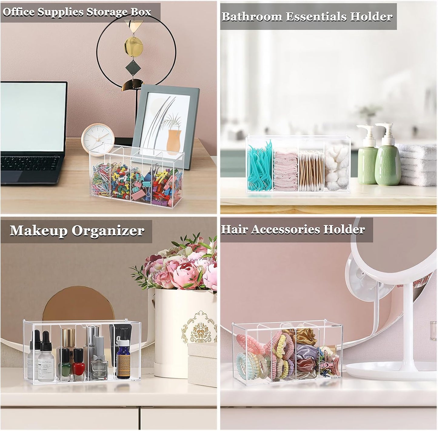 ELLDOO Lash Extension Organizer Box with Lid, Acrylic Eyelash Supplies Organizer Storage Box, 4 Compartments Bathroom Supplies Storage Container for Cotton Swabs, Balls, Pads, Floss Picks-FemmiqueWomen