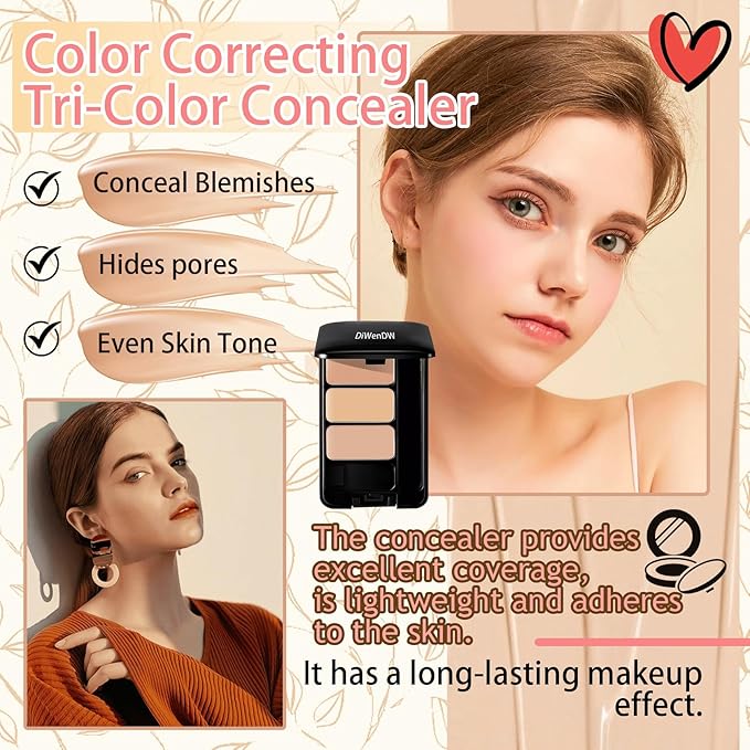 3 Colors Corrector Palette,Moisturizing Long Lasting Waterproof Cream Contour Makeup Palette,Color Correcting Concealer,Natural Flawless Full Coverage Liquid Foundation Set with Makeup Brushes-FemmiqueWomen