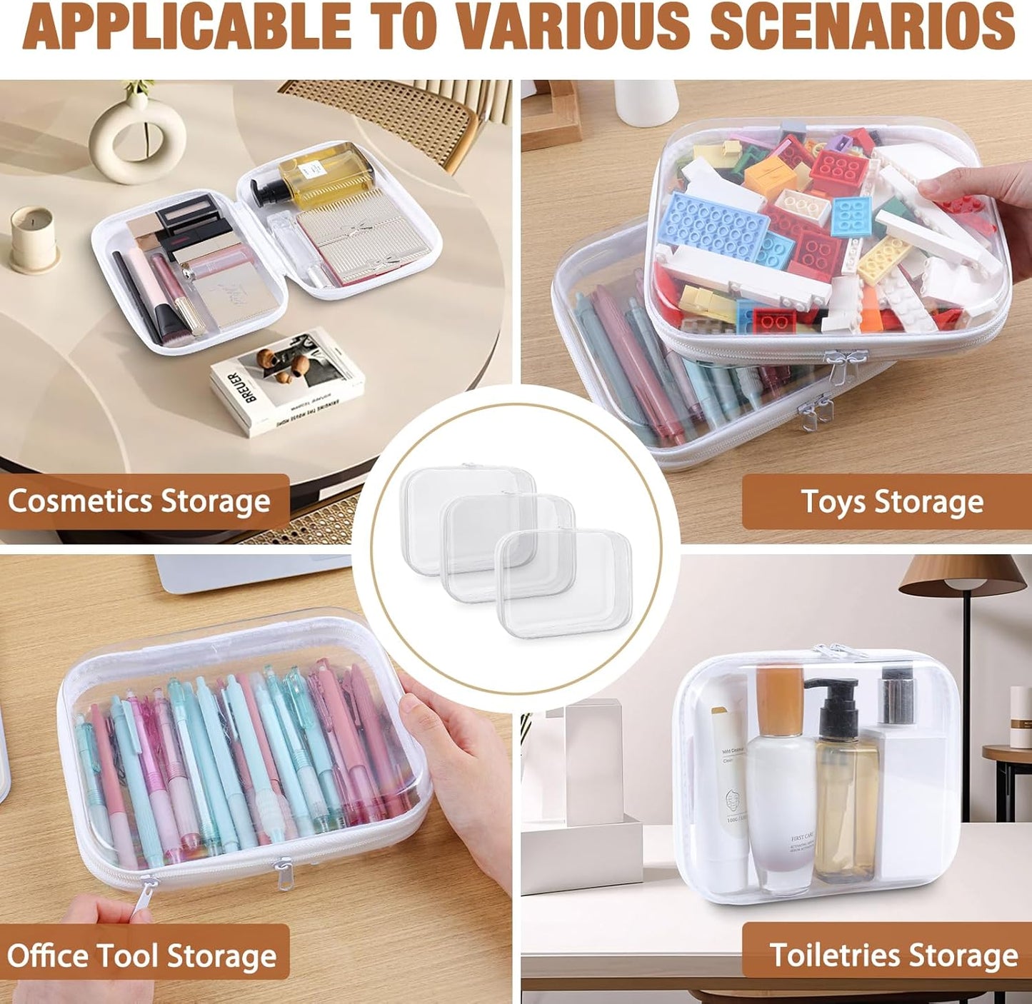 Clear Hard Shell Zipper Case 3 PCS Clear Cosmetic Make up Bag Waterproof Travel Toiletry Bag for Women, Hard Plastic Zipper Pouches Portable Travel Storage Organizer Bins (White, 10"x8"x2")-FemmiqueWomen