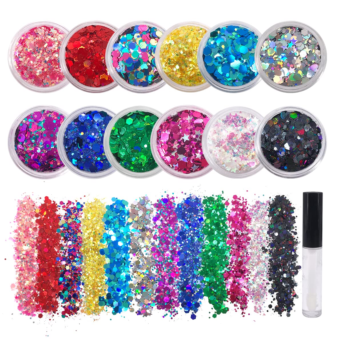 12 Pack - Multi-Colored Face & Body Glitter - Glue Included - Rainbow Chunky Glitter - Uses Include: Festival Rave Makeup Face Body Nails Resin Arts & Crafts, Resin, Tumblers, Bath Bombs-FemmiqueWomen