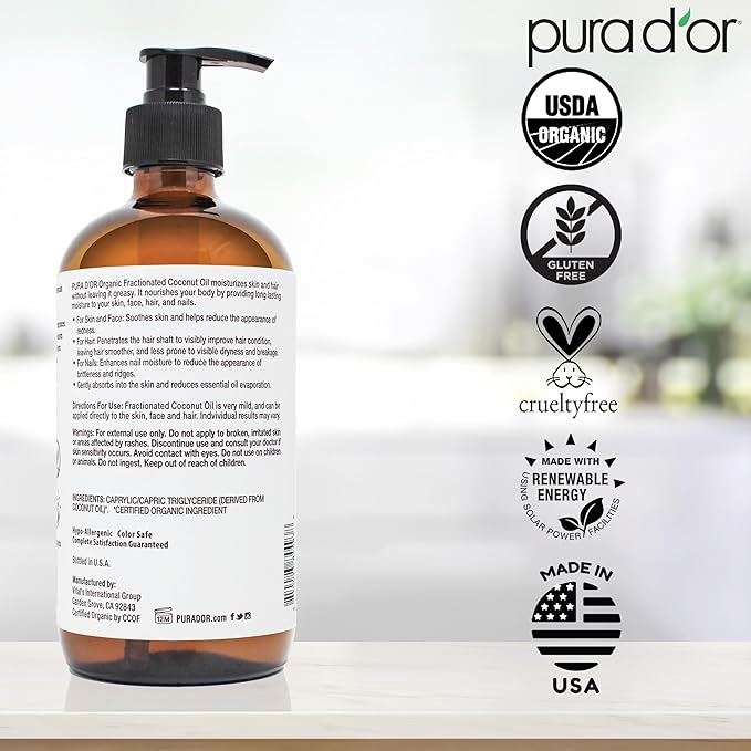 PURA D'OR 16.9 Oz ORGANIC Fractionated Coconut Oil MCT Oil (GLASS BOTTLE) 100% Pure & Natural USDA Certified Cold Pressed - Unscented, Hexane Free Moisturizer For Face, Skin & Hair Tonic - Men & Women-FemmiqueWomen