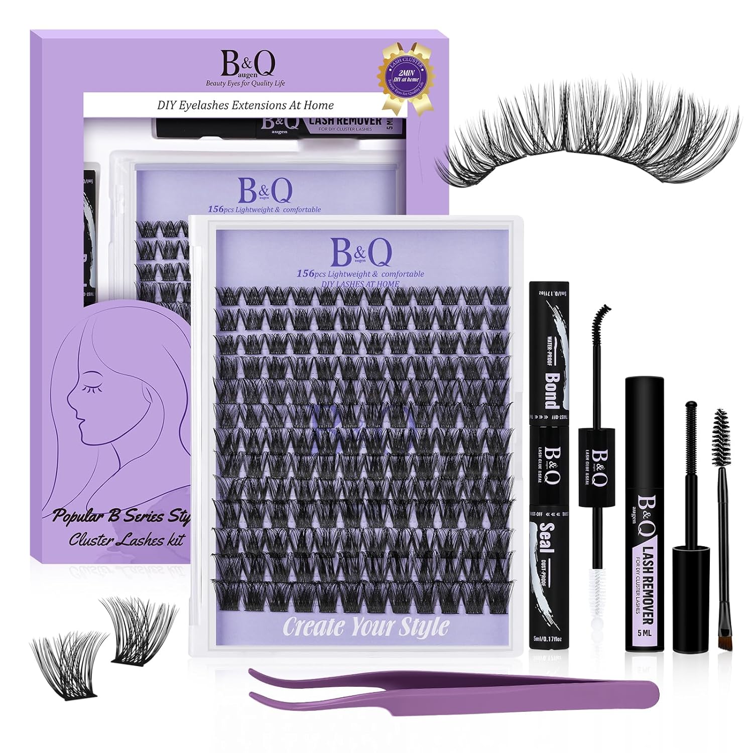 B&Q Lash Clusters 156PCS Lash Clusters Kit B05 DIY Lash Extension Kit Eyelash Extension Kit 8-18mm Lashes Clusters with Lash Bond & Seal Lash Applicator Tool for Self Use (Kit,B05)-FemmiqueWomen