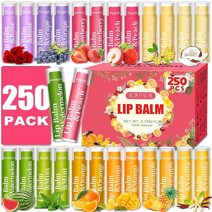 250 Pcs Lip Balm Bulk,12 Fruit Flavored Natural Bulk Lip Balm, Lip Balms Pack with Vitamin E, Lip Balm Gift Set Women Stocking Stuffers Party Favors, Moisturizing&Soothing(4.2g/0.15oz)-FemmiqueWomen