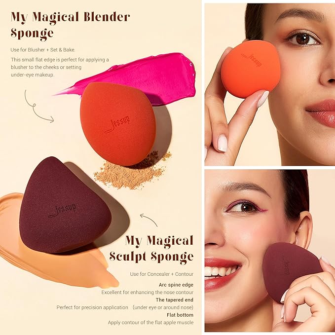 Jessup Face Makeup Brushes with Makeup Sponge, 3pcs Double Ended Makeup Brush for Foundation Contour Blush Highlight and Concealer Brush, Premium Synthetic Brush Set with Gift Box, T510-FemmiqueWomen