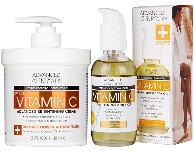 Advanced Clinicals Brightening Vitamin C Cream Moisturizer + Vitamin C Body Oil 2pc Skincare Set | Nourishing, Brightening, & Hydrating Body Oil & Body Lotion To Improve Appearance Of Dark Spots, 2pc-FemmiqueWomen