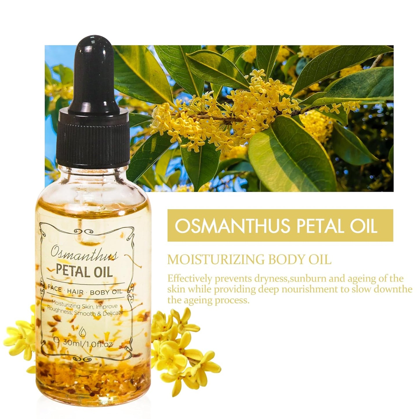 Osmanthus Essential Oil with Flower Petal, Sunflower Seed, Olive Fruit Natural Massage Oils for Nails, Hair, Body, Face Moisturizing Skincare Oil Serum Dry Hair Strengthening Treatment All Types 30ml-FemmiqueWomen