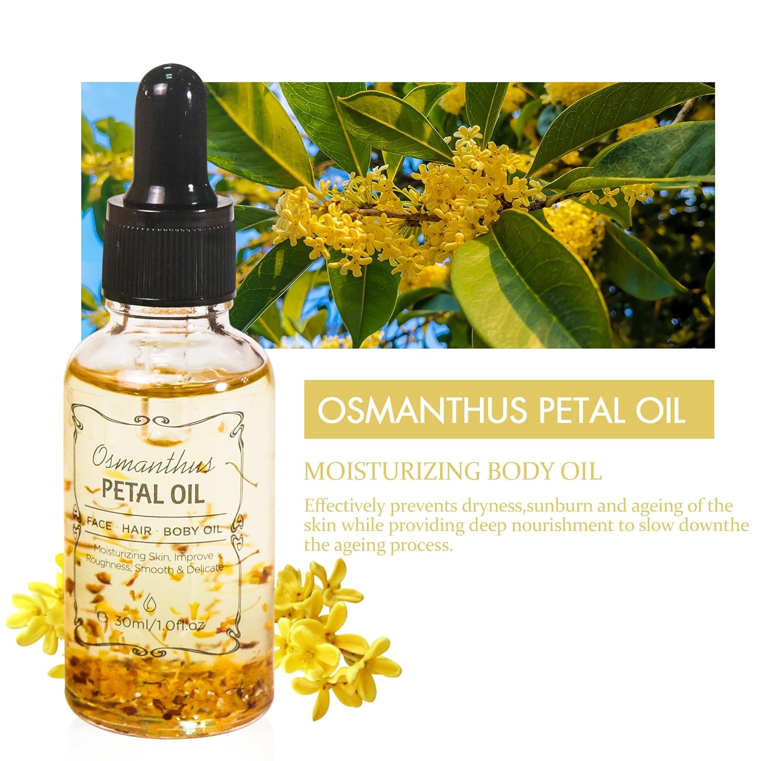 Osmanthus Essential Oil with Flower Petal, Sunflower Seed, Olive Fruit Natural Massage Oils for Nails, Hair, Body, Face Moisturizing Skincare Oil Serum Dry Hair Strengthening Treatment All Types 30ml-FemmiqueWomen