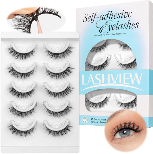 LASHVIEW Self Adhesive Eyelashes 5 Pairs Cat Eye Wispy Self-adhesive False Lashes Reusable Natural Look Press On Lashes No Glue Need Eyelashes with Replacement Adhesive Strips (CV01)-FemmiqueWomen